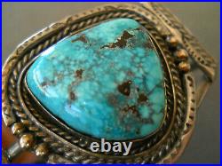 Native American Natural Thick Turquoise Sterling Silver Stamped Cuff Bracelet