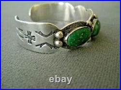 Native American Navajo Dark Green Turquoise Sterling Silver Stamped Bracelet