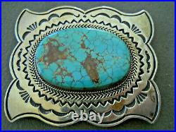 Native American Navajo Number 8 Turquoise Sterling Silver Stamped Belt Buckle