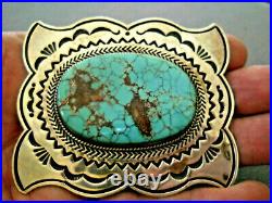 Native American Navajo Number 8 Turquoise Sterling Silver Stamped Belt Buckle