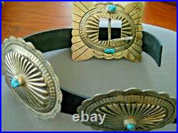 Native American Navajo Turquoise Nuggets Sterling Silver Stamped Concho Belt