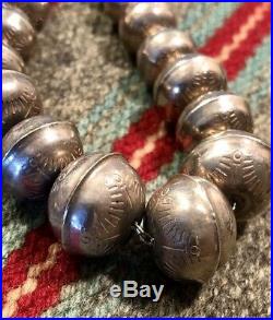 Native American Pearl Necklace OLD GRADUATED Stamped Sterling Bead Necklace 24