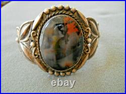 Native American Petrified Wood Sterling Silver Stamped Repousse Cuff Bracelet