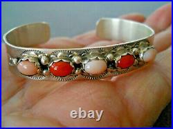 Native American Red & Pink Coral Row Sterling Silver Stamped Bracelet