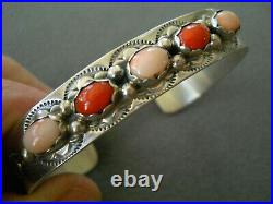 Native American Red & Pink Coral Row Sterling Silver Stamped Bracelet