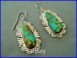 Native American Royston Turquoise Sterling Silver Stamped Hook Earrings B YAZZIE