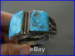 Native American Square Turquoise Row Sterling Silver Stamped Cuff Bracelet