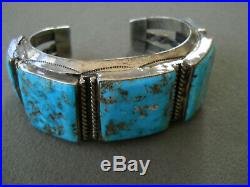 Native American Square Turquoise Row Sterling Silver Stamped Cuff Bracelet