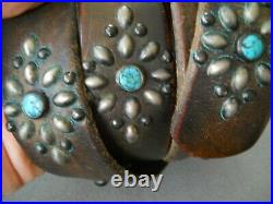 Native American Turquoise Cluster Sterling Silver Stamped Belt Buckle & Belt