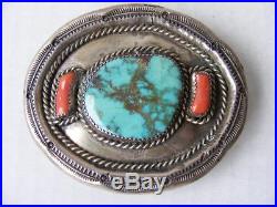 Native American Turquoise Coral Sterling Silver Belt Buckle Stamped J. D. Vtg 60s