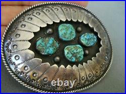 Native American Turquoise Nuggets Sterling Silver Stamped Shadowbox Belt Buckle