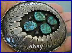 Native American Turquoise Nuggets Sterling Silver Stamped Shadowbox Belt Buckle