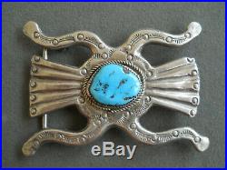 Native American Turquoise Sterling Silver Sand Cast Stamped Belt Buckle