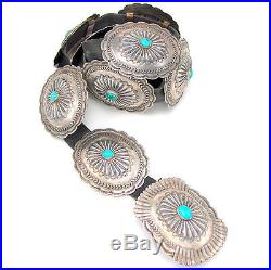 Navajo BENNIE KEE SCOTT Stamped Sterling Silver Repousse Turquoise Concho Belt J