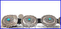 Navajo BENNIE KEE SCOTT Stamped Sterling Silver Repousse Turquoise Concho Belt J
