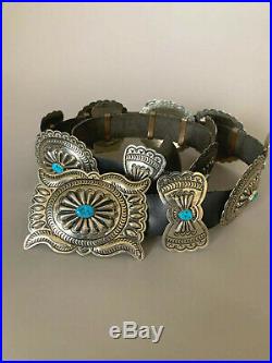 Navajo Concho Belt Nickel Silver withKingman Turquoise Beautifully Hand Stamped