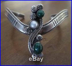 Navajo Eddie McCarthy Sterling Silver Stamped Malachite & Mother Pearl Bead Cuff