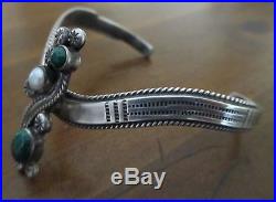 Navajo Eddie McCarthy Sterling Silver Stamped Malachite & Mother Pearl Bead Cuff