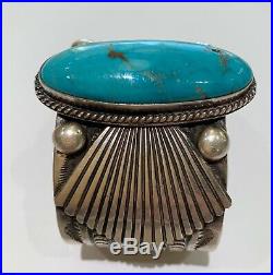 Navajo Kingman Turquoise Stamped sterling silver Large Cuff