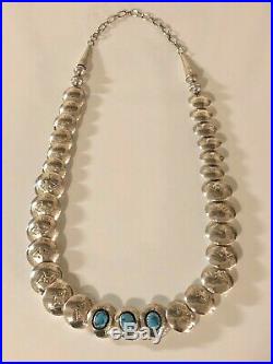 Navajo RB Sterling Silver Stamped Pillow Bench Beads Turquoise Necklace 925