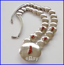 Navajo Signed Reversible Stamped Sterling Silver & Coral Pillow Bead Necklace