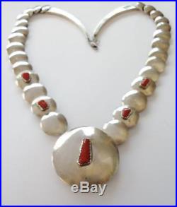 Navajo Signed Reversible Stamped Sterling Silver & Coral Pillow Bead Necklace