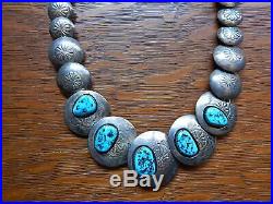 Navajo Sleeping Beauty Turquoise Sterling Silver Stamped Squash Blossom Necklace