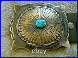 Navajo Sleeping Beauty Turquoise Sterling Silver Sunburst Stamped Concho Belt