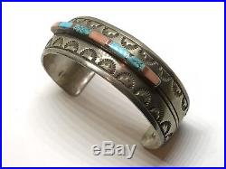 Navajo Willie Mariano Stamped Sterling Turquoise & Coral Inlay Cuff Bracelet
