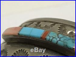 Navajo Willie Mariano Stamped Sterling Turquoise & Coral Inlay Cuff Bracelet