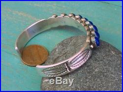 Navajo Wilson Begay Hallmarked Sterling Silver Stamped Lapis Row Cuff Bracelet