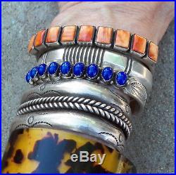 Navajo Wilson Begay Hallmarked Sterling Silver Stamped Lapis Row Cuff Bracelet