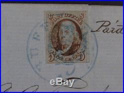 Nystamps US Stamp # 1 1847 5C Used $995 Blue Cancel On Cover Franklin