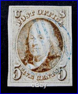 Nystamps US Stamp # 1 1847 5c Used $535 Blue Cancel Franklin