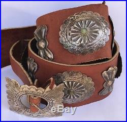 OLD DEAD PAWN Navajo Large Sterling Silver Turquoise Stamped Concho Leather BELT