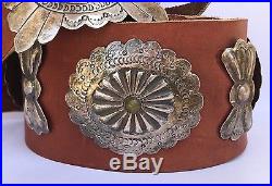 OLD DEAD PAWN Navajo Large Sterling Silver Turquoise Stamped Concho Leather BELT