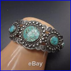 OLD Vintage NAVAJO Harvey Era Stamped Sterling Silver & TURQUOISE Cuff BRACELET