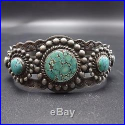 OLD Vintage NAVAJO Harvey Era Stamped Sterling Silver & TURQUOISE Cuff BRACELET