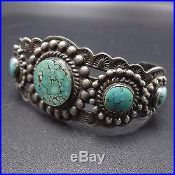 OLD Vintage NAVAJO Harvey Era Stamped Sterling Silver & TURQUOISE Cuff BRACELET