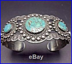 OLD Vintage NAVAJO Harvey Era Stamped Sterling Silver & TURQUOISE Cuff BRACELET