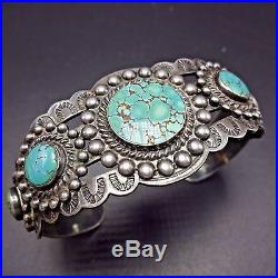 OLD Vintage NAVAJO Harvey Era Stamped Sterling Silver & TURQUOISE Cuff BRACELET