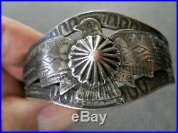 Old Harvey Era Native American Sterling Silver Thunderbird Stamped Cuff Bracelet
