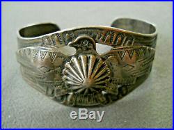 Old Harvey Era Native American Sterling Silver Thunderbird Stamped Cuff Bracelet