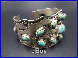 Old NAVAJO Hand Stamped Ingot Silver & TURQUOISE Cuff BRACELET, Whirling Logs