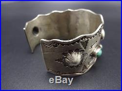 Old NAVAJO Hand Stamped Ingot Silver & TURQUOISE Cuff BRACELET, Whirling Logs
