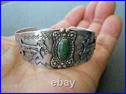 Old Native American Green Turquoise Sterling Silver Dogs Snake Stamps Bracelet