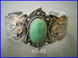 Old Native American Green Turquoise Sterling Silver Thunderbird Stamped Bracelet