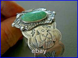 Old Native American Green Turquoise Sterling Silver Thunderbird Stamped Bracelet