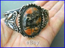 Old Native American Petrified Wood Sterling Silver Repousse Stamp Cuff Bracelet