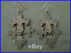 Old Native American Stamped Sterling Silver Cross Dangles Hook Earrings